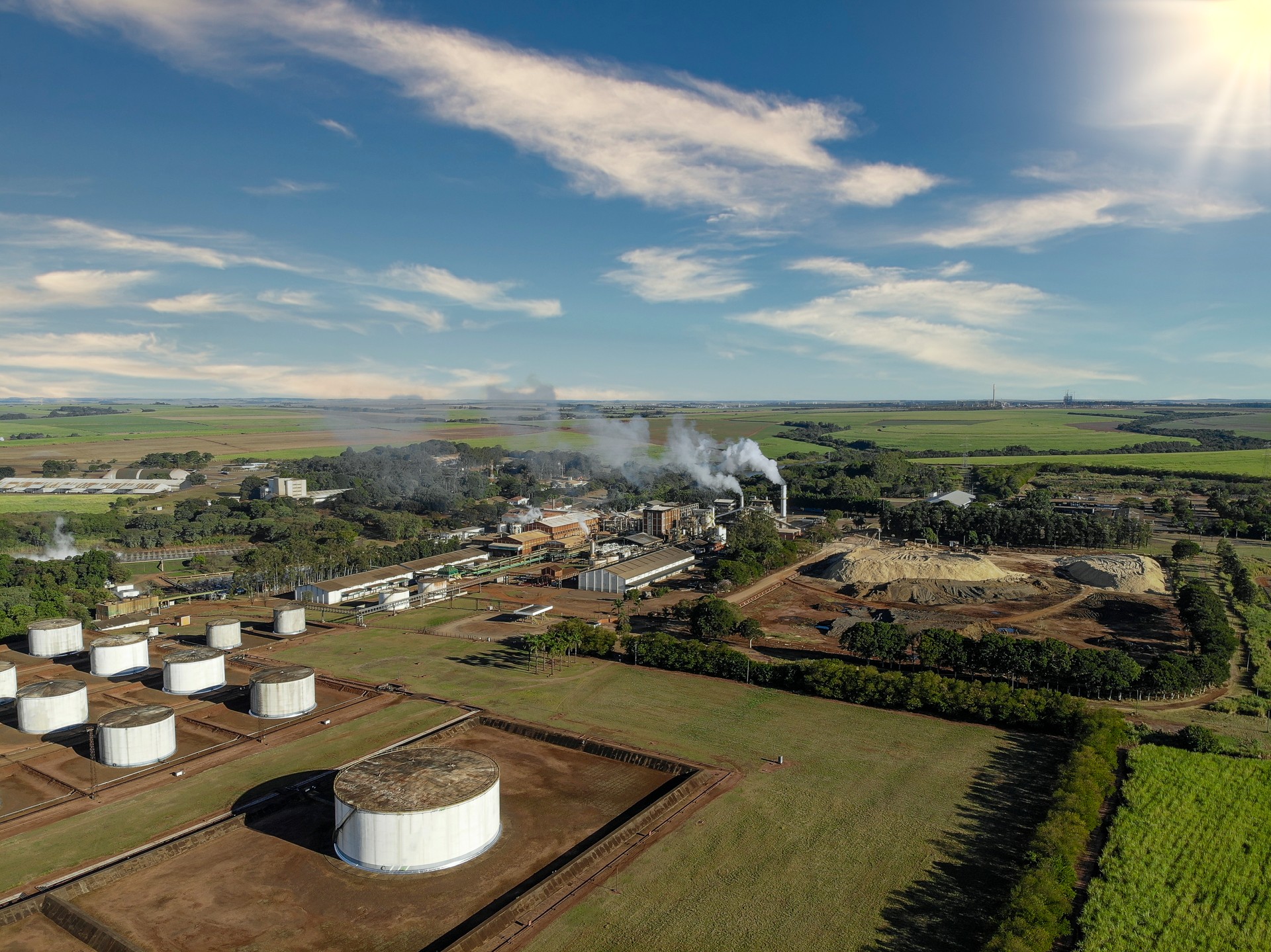 Sugar cane industry, sugar and alcohol production plant aerial view.